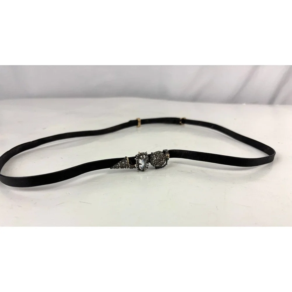 Alexis Bittar Crystal Embellished Black Skinny Leather Belt Gothic Glam 28